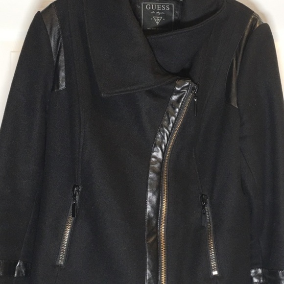 Guess Black Wool/Leather Moto-Zip Coat - Picture 2 of 8